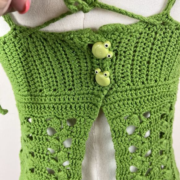 Handmade Top Womens Extra Small Crochet Tank Cropped Frog Fairy Boho Festival - Picture 3 of 9
